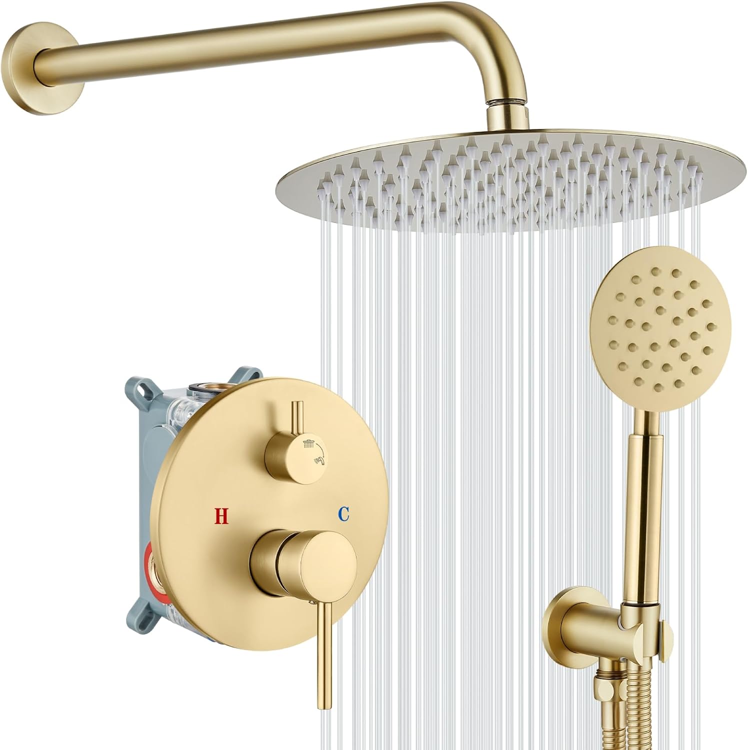gotonovo Rain Shower System with 10 Inch Round Showerhead and Handheld High Pressure Shower Faucet Set Contain Rough in Valve, Brushed Gold