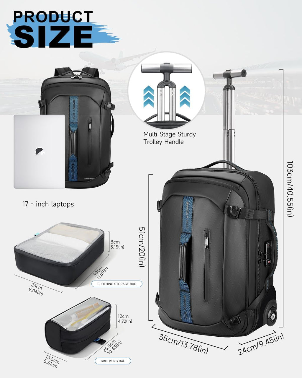 Backpack with wheels,Rolling laptop backpack with 2 Packing Cubes,Water-Resistant,Carry-On Luggage Suitcase for Men Adults to Travel, Commuting,Black