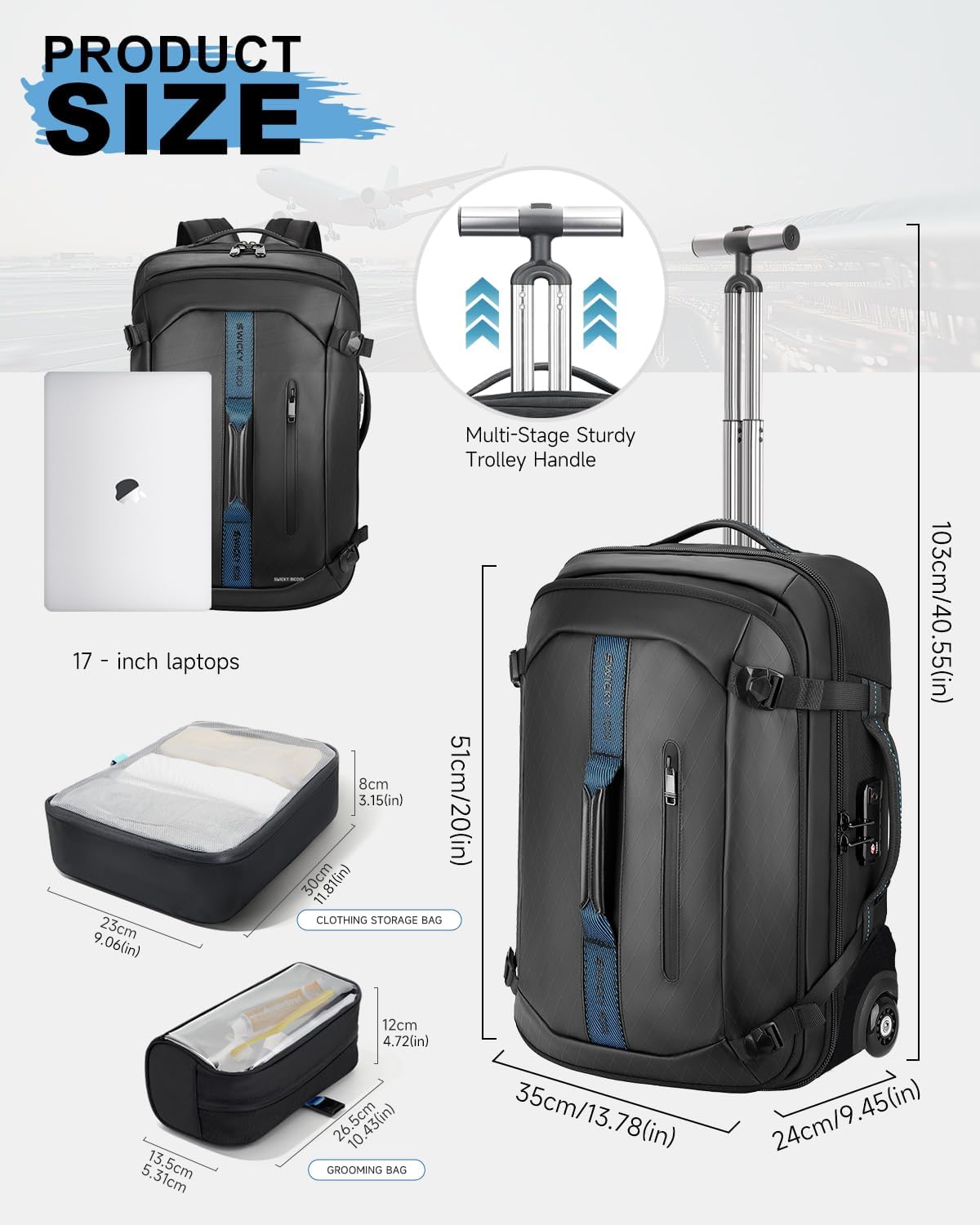 Backpack with wheels,Rolling laptop backpack with 2 Packing Cubes,Water-Resistant,Carry-On Luggage Suitcase for Men Adults to Travel, Commuting,Black