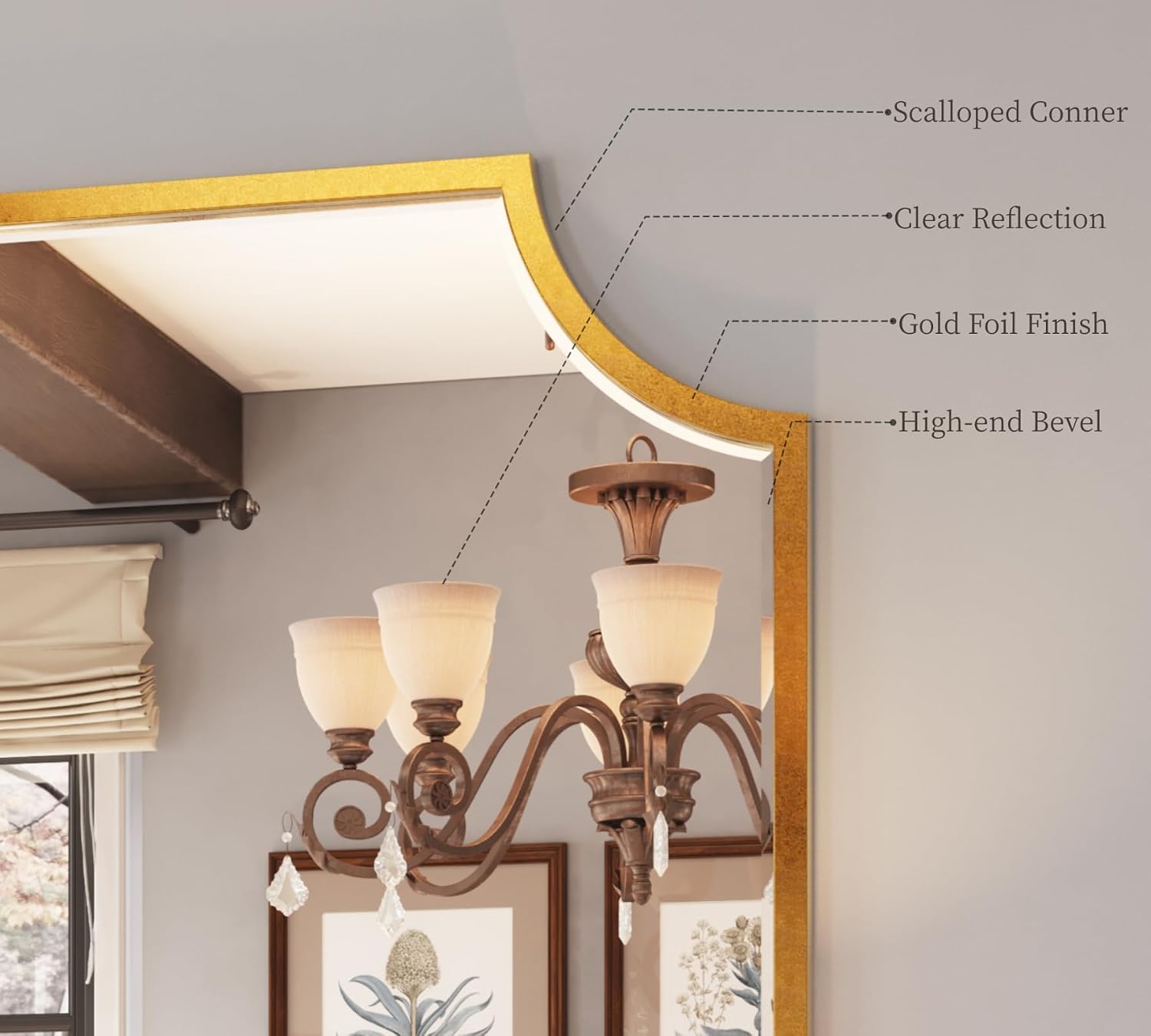 Kelly Miller 24'x36' Gold Foil Metal Scalloped Decorative Wall Mirror | Elegant beveled vanity mirror with wavy edges. Perfect metal frame wall mirror for living room, bathroom & entryway.