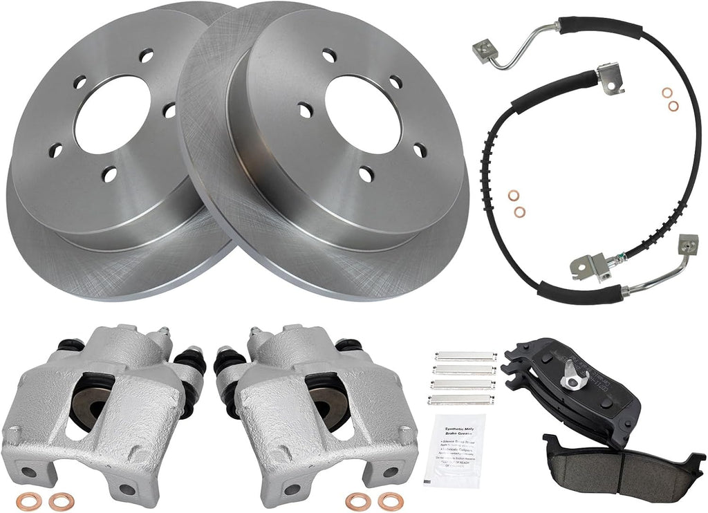 TRQ Rear Brake Pad and Rotor Set Ceramic Rotors Calipers Hoses Compatible with 1997-2001 Ford Expedition 1998-2001 Lincoln Navigator