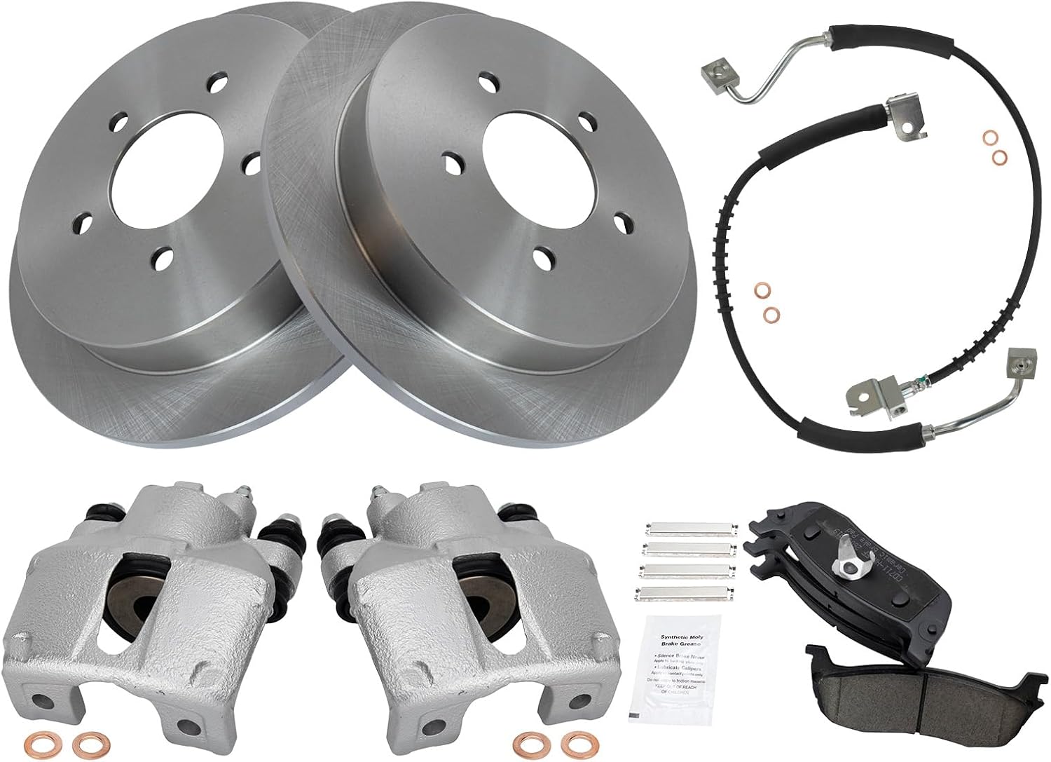 TRQ Rear Brake Pad and Rotor Set Ceramic Rotors Calipers Hoses Compatible with 1997-2001 Ford Expedition 1998-2001 Lincoln Navigator