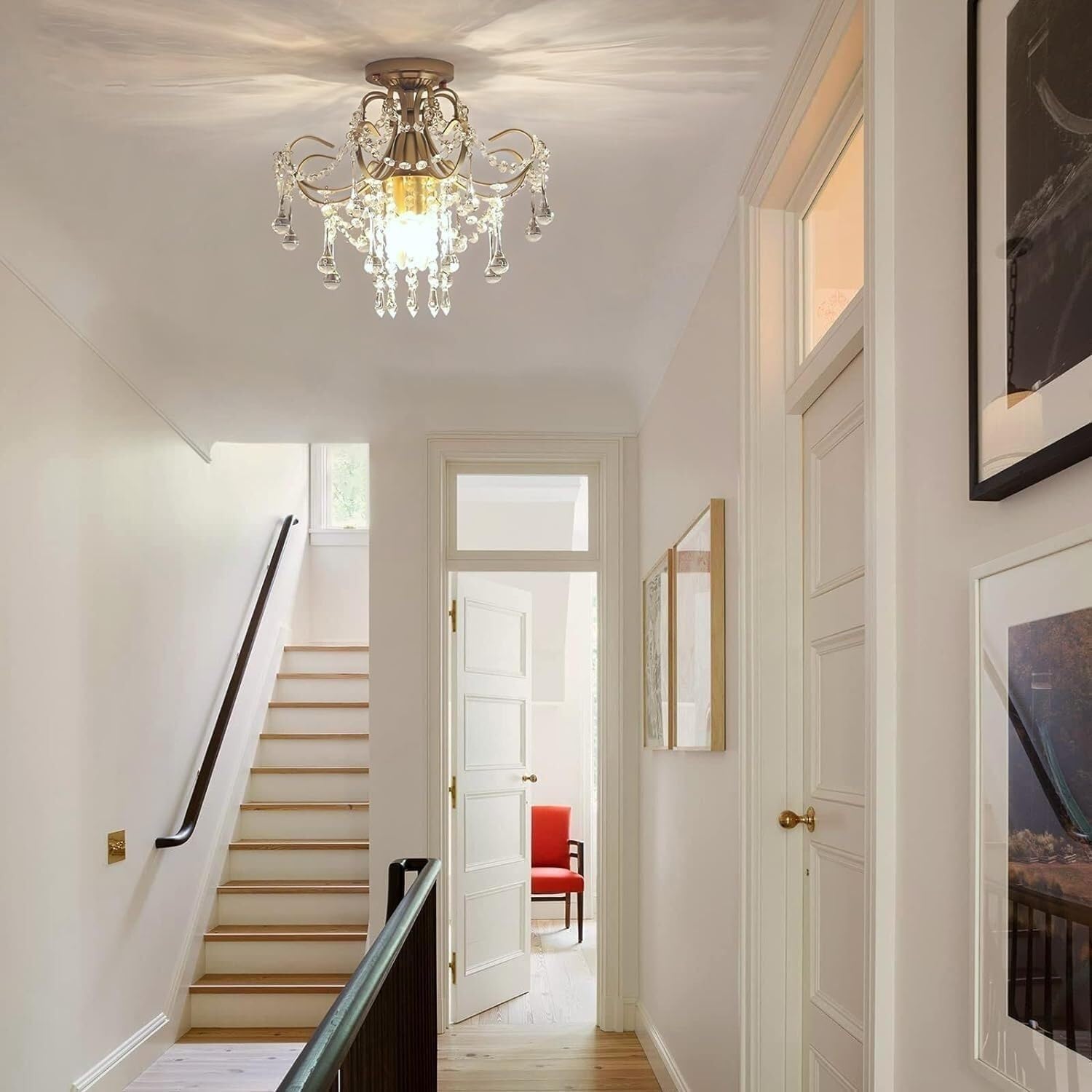LNPTAL Modern Gold Crystal Chandelier, 3-Light Luxury Ceiling Light Fixture, Mid-Century Elegant Hanging Lamp for Bathroom, Hallway, Kitchen Island, Bedroom