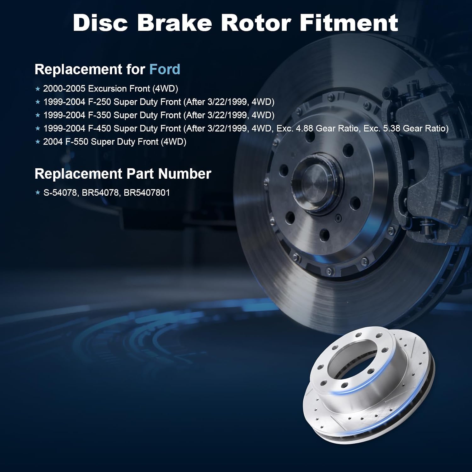 Front Drilled and Slotted Disc Brake Rotors Fit for Ford 2000-2005 Excursion, 1999-2004 F-250, 1999-2004 F-350, 1999-2004 F-450, 2004 F-550 Super Duty Front (4WD) #54078