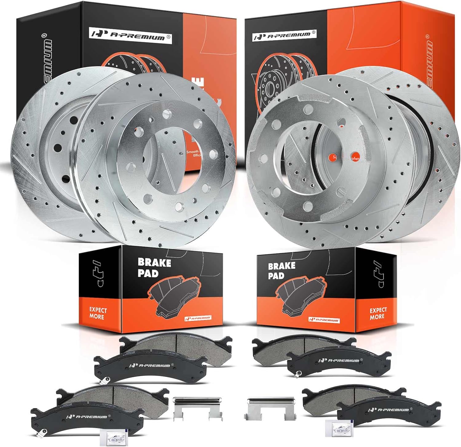 A-Premium Front and Rear Drilled and Slotted Disc Brake Rotors + Ceramic Pads Kit Compatible with Select Chevy and GMC Models - Silverado 3500/Sierra 3500 2001-2006, Silverado 3500 HD, Sierra 3500 HD