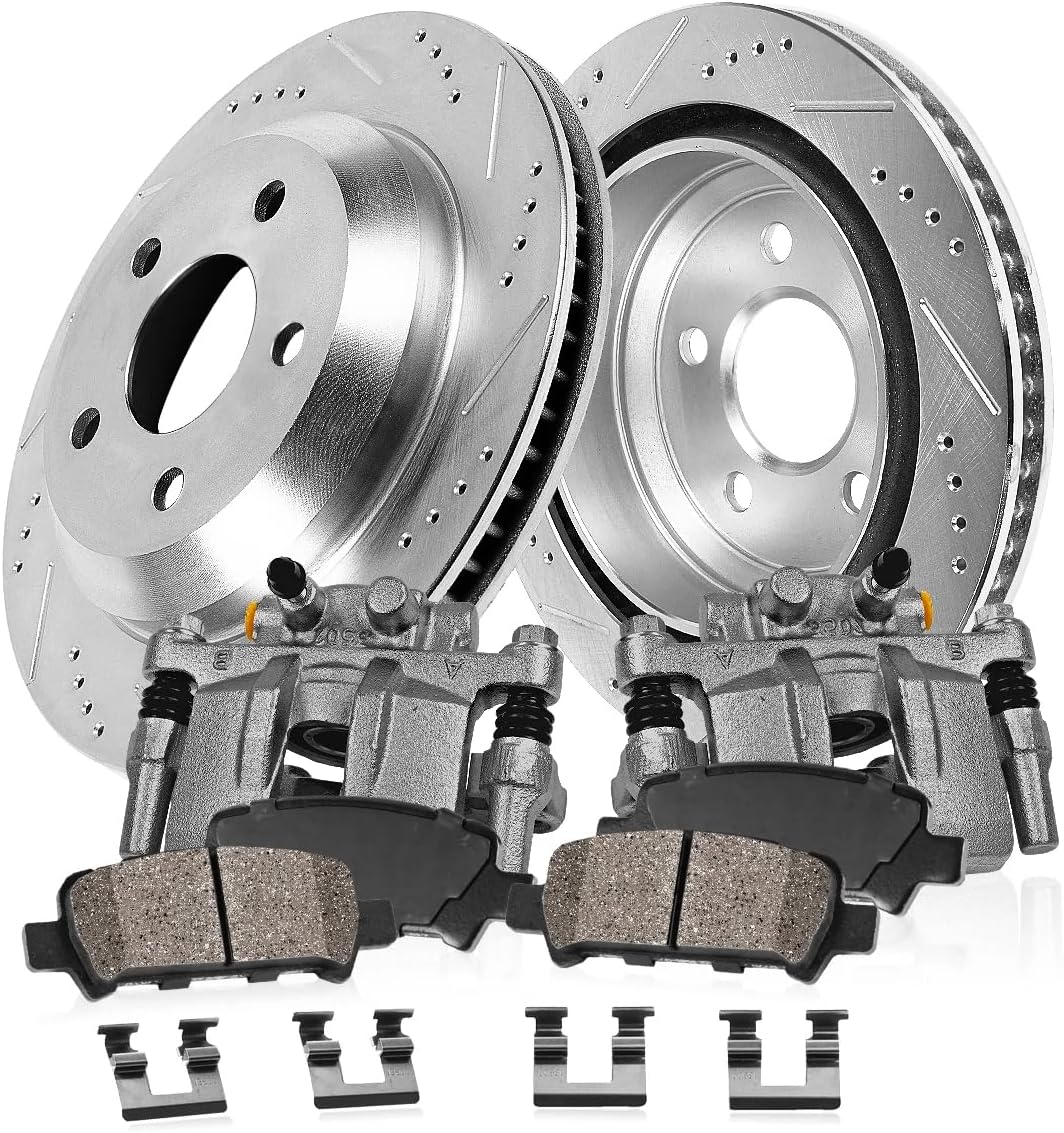 Callahan Brake Parts Kit for Chevrolet Silverado 1500 03-06 Silverado 1500 Classic 2007 GMC Sierra 1500 03-06 Sierra 1500 Classic 2007 Rear Drilled Slotted Rotors Brake Pads Calipers EBYK023956
