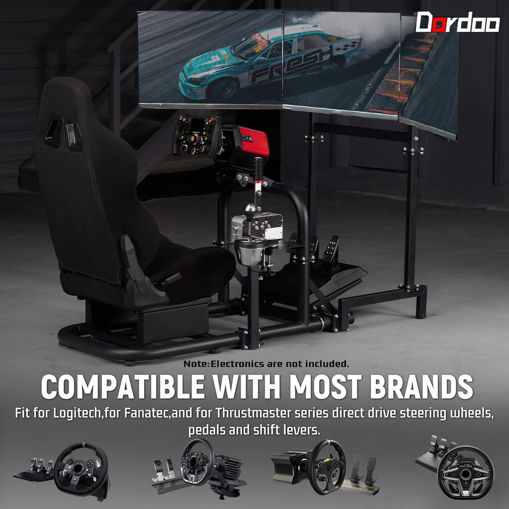 Dardoo Racing Simulator Cockpit with Triple Monitor Stand and Black Seat Fit for Logitech G29 G920 G923, for Thrustmaster T300RS, for Fanatec CSL-DD, No Steering Wheel Pedal or Shifter