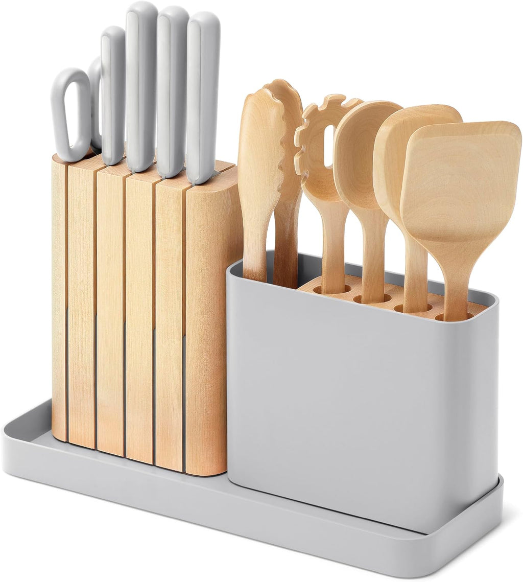 Caraway 14-Piece Kitchen Prep Set - Kitchen Knife Set & Wooden Utensil Set - Made With Premium German Steel Blades & FSC-Certified Birch Wood - Non-Toxic Materials - Includes Organizer - Grey