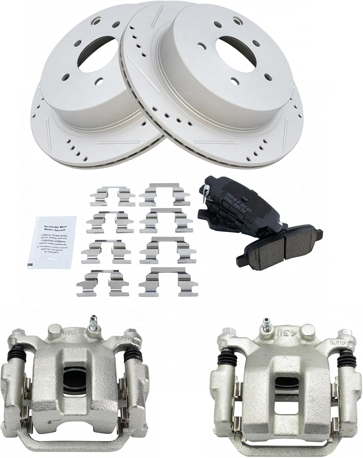 TRQ Performance Rear Brake Pad and Rotor Set Ceramic Vented Coated Rotors Calipers Compatible with 2003-2008 Infiniti FX35 FX45