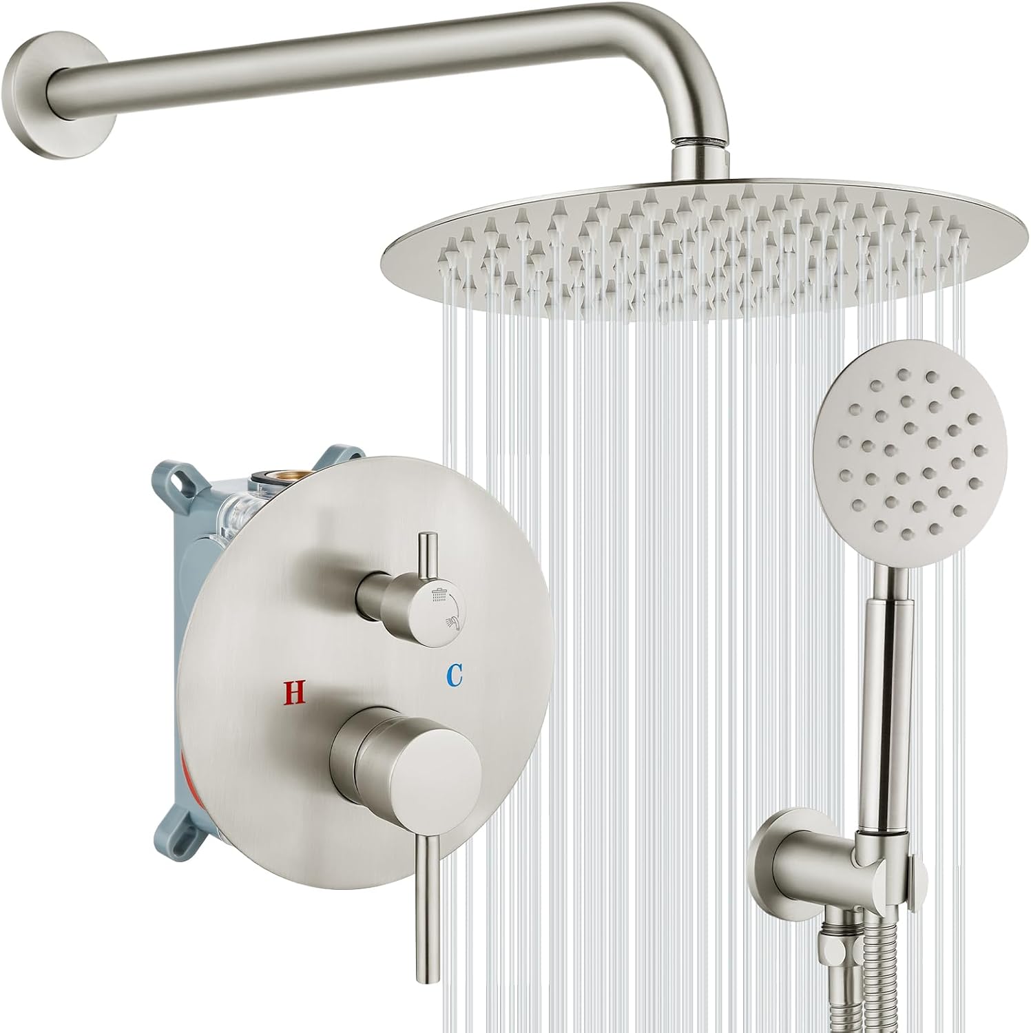 gotonovo Rain Shower System with 10 Inch Round Showerhead and Handheld High Pressure Shower Faucet Set Contain Rough in Valve, Brushed Nickel