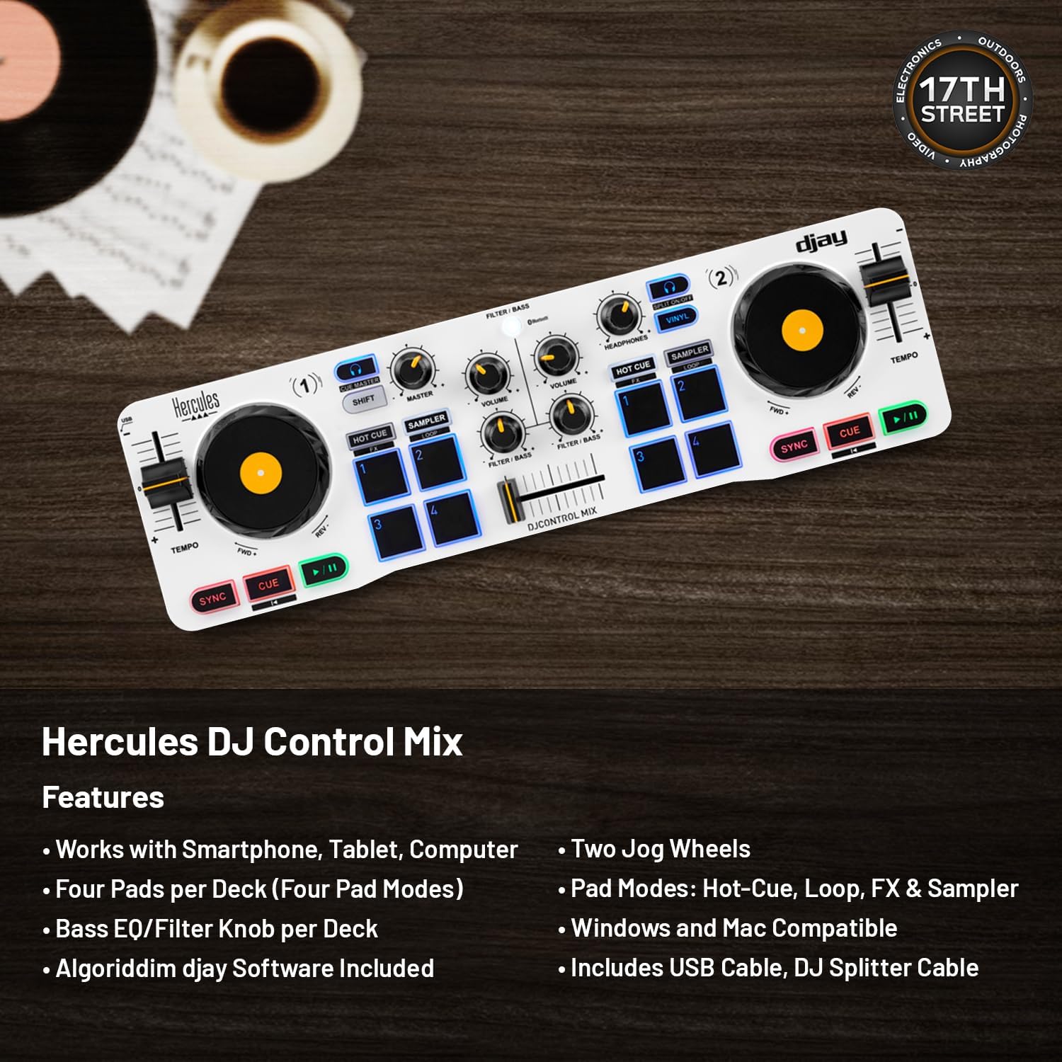 Hercules DJ Control Mix - Blue Wireless Bluetooth DJ Controller with Over Ear Headphones (Black), Waith Control Mix Case and Waith Cleaning Cloth - Algoriddim djay Software Included (Bundle Set)