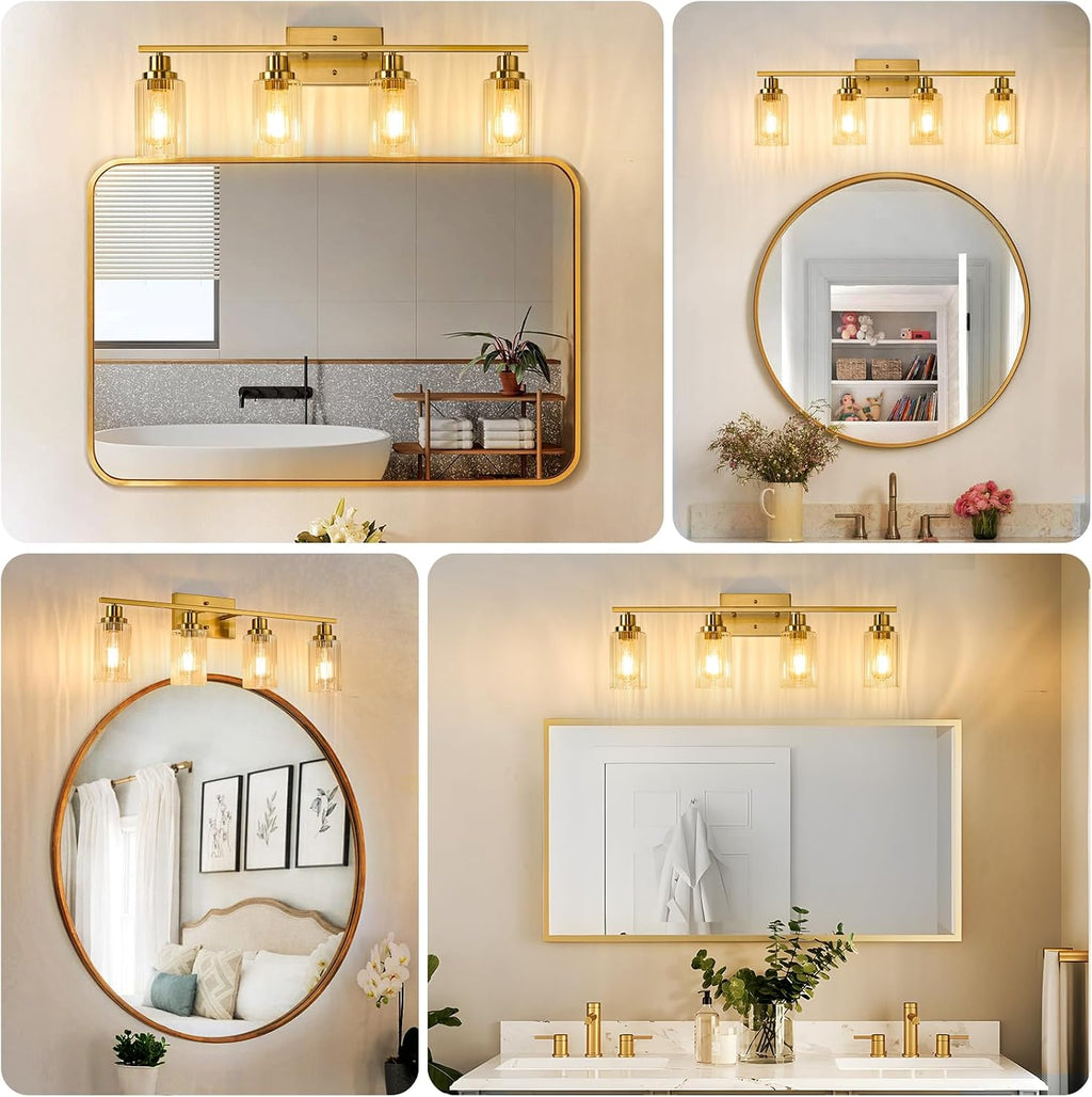 Jonsi Brushed Gold Bathroom Light Fixtures, 4-Light Brushed Gold Vanity Light, Bathroom Vanity Light with Stripe Glass Shade, E26 Wall Sconces Over Mirror for Bathroom, Living Room, Hallway
