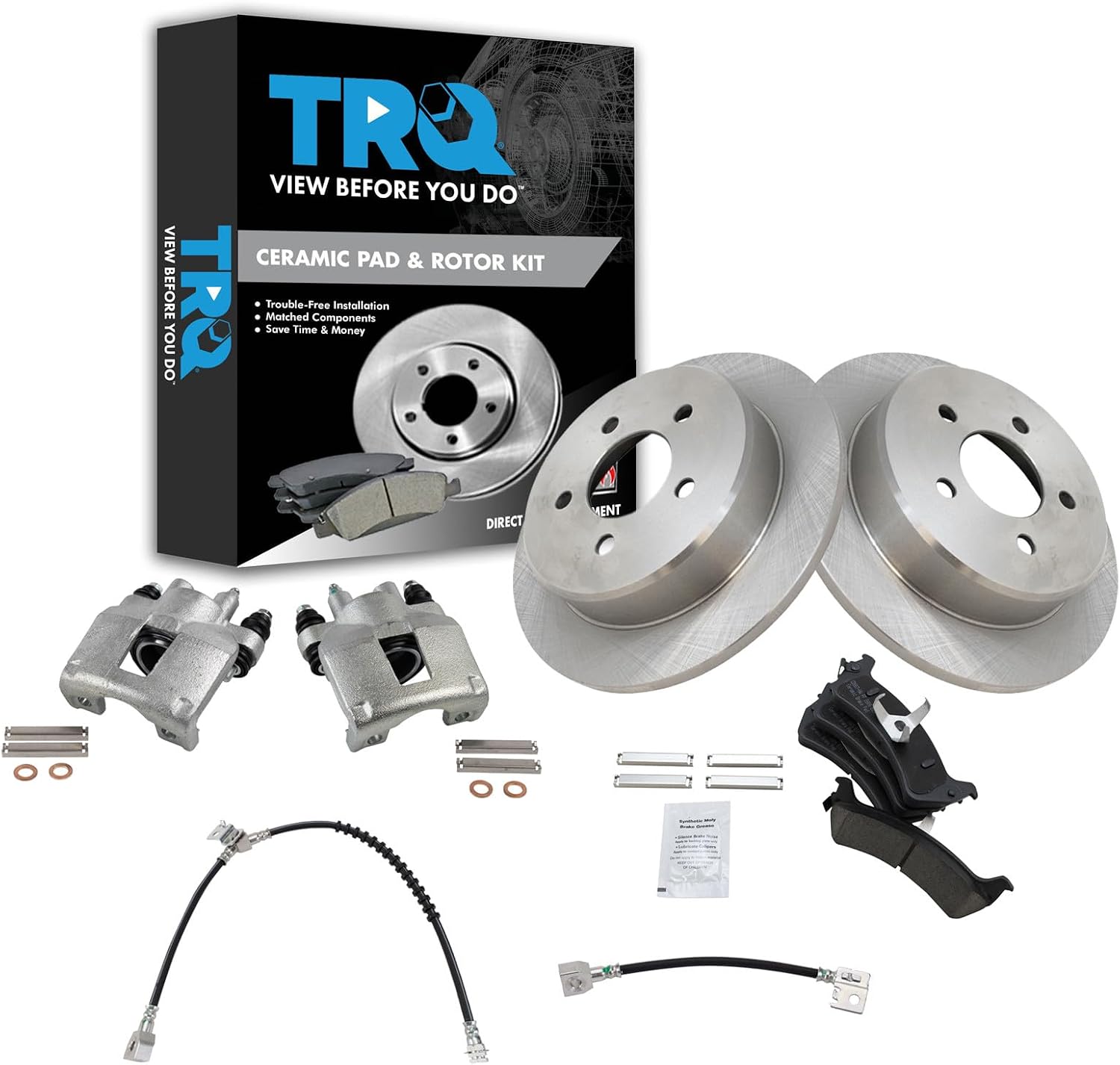 TRQ Rear Brake Pad and Rotor Set Ceramic Rotors Calipers Hoses Compatible with 1995-2001 Ford Explorer 1997-2001 Mercury Mountaineer