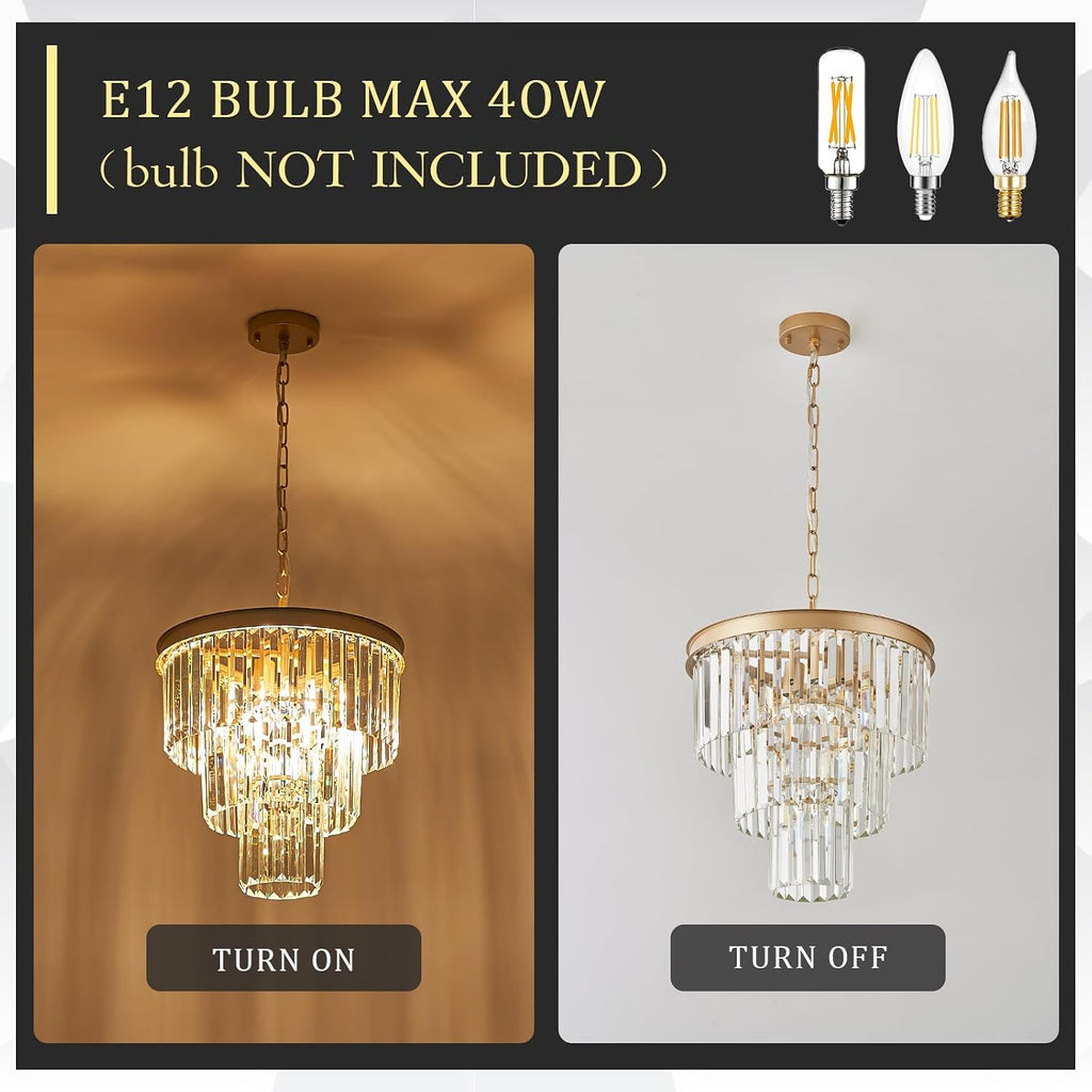 CATINER Gold Crystal Chandeliers 16' Modern 6-Light Small Pendant Light Luxury 3 Tiers K9 Crystal Ceiling Pendant Round Light Fixture for Dining Room Entryway Kitchen Bedroom Closet