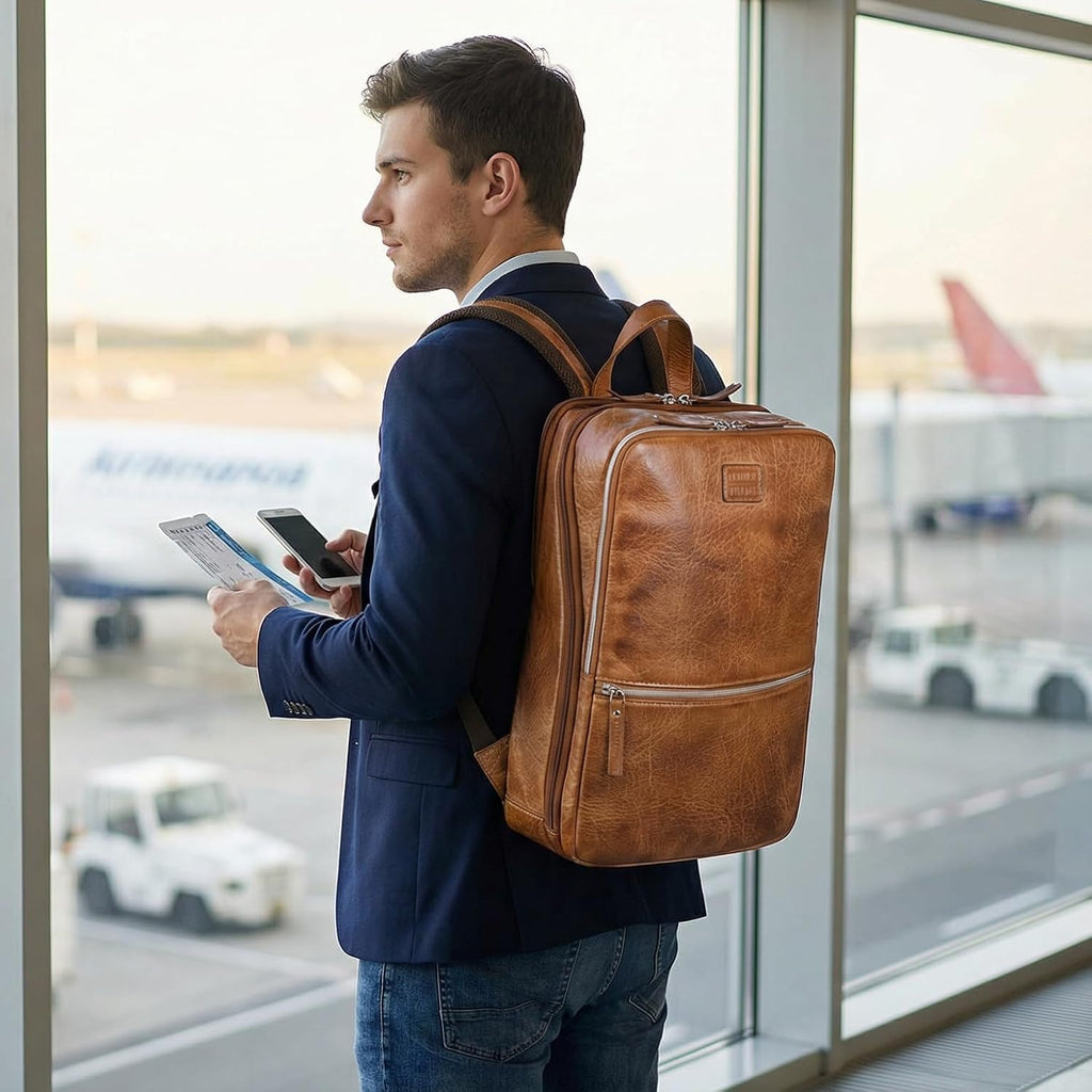 LEATHER VILLAGE Leather Laptop Backpack for Men | Camel Brown | Slim Professional Business Bag Fits 15.6'-Laptop | Water-Repellent Work & Travel Daypack with Trolley Strap