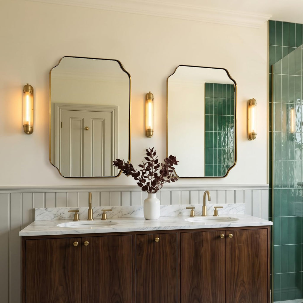 MIRRORART 20x28'' Scalloped Gold Bathroom Mirror, Brushed Brass Metal Framed Decorative Wall Mirror, Elegant Rectangle Vanity Mirror for Bathroom, Bedroom & Entryway, Modern Farmhouse Home Remodel