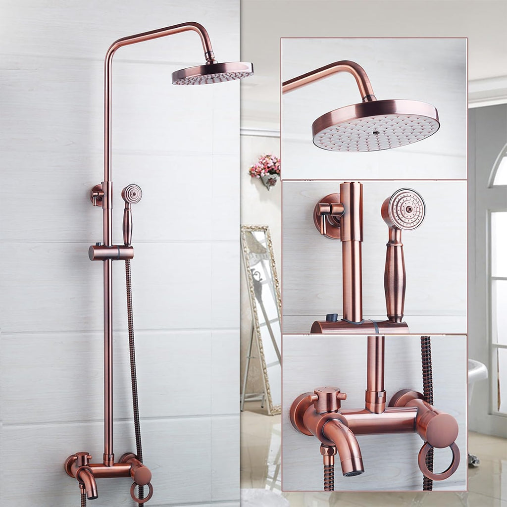 Vintage Copper Exposed Shower System with 8 inch Rainfall Shower Head and Bath Tub Spout,Multi-Mode Exposed Shower Fixture with Handheld Shower Wall Mounted for Bathroom
