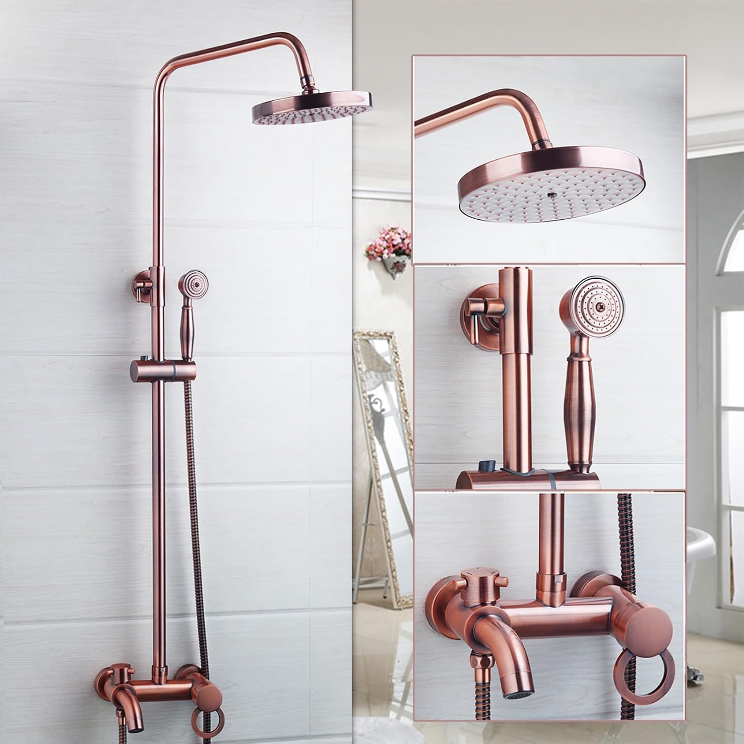 Vintage Copper Exposed Shower System with 8 inch Rainfall Shower Head and Bath Tub Spout,Multi-Mode Exposed Shower Fixture with Handheld Shower Wall Mounted for Bathroom