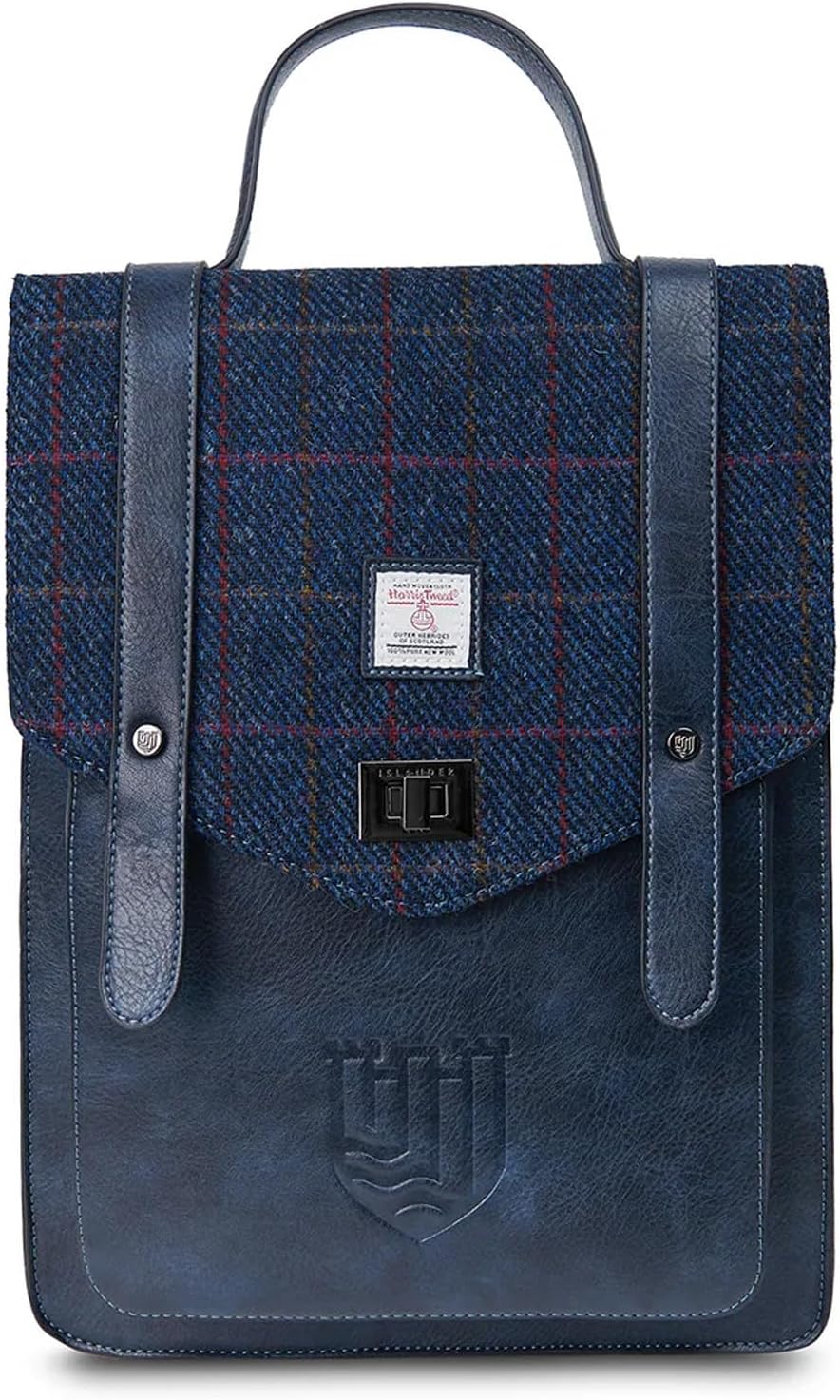 Islander Carloway Backpack for Men & Women, With Laptop Sleeve, Harris Tweed Vegan Leather (Navy Over-Check)