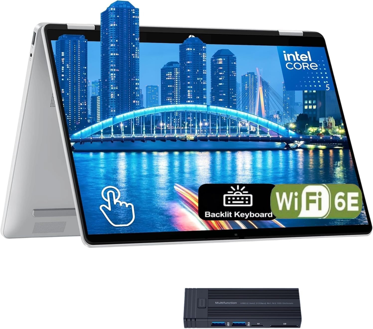 HP OmniBook 5 Flip 2-in-1 Laptop, 14' 2K Touchscreen Display, Intel Core 5 120U Processor, 8GB RAM 1TB SSD, Wi-Fi 6E, Bluetooth 5.3, Backlit Keyboard, 256gb 9H docking station, Windows 11 Home, Silver
