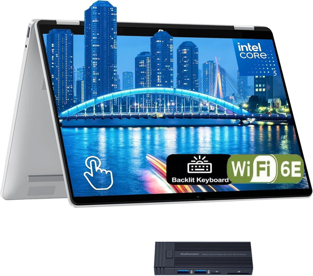 HP OmniBook 5 Flip 2-in-1 Laptop, 14' 2K Touchscreen Display, Intel Core 5 120U, 8GB RAM 512GB SSD, Wi-Fi 6E, Bluetooth 5.3, Backlit Keyboard, 256gb 9H Docking Station, Windows 11 Home, Silver