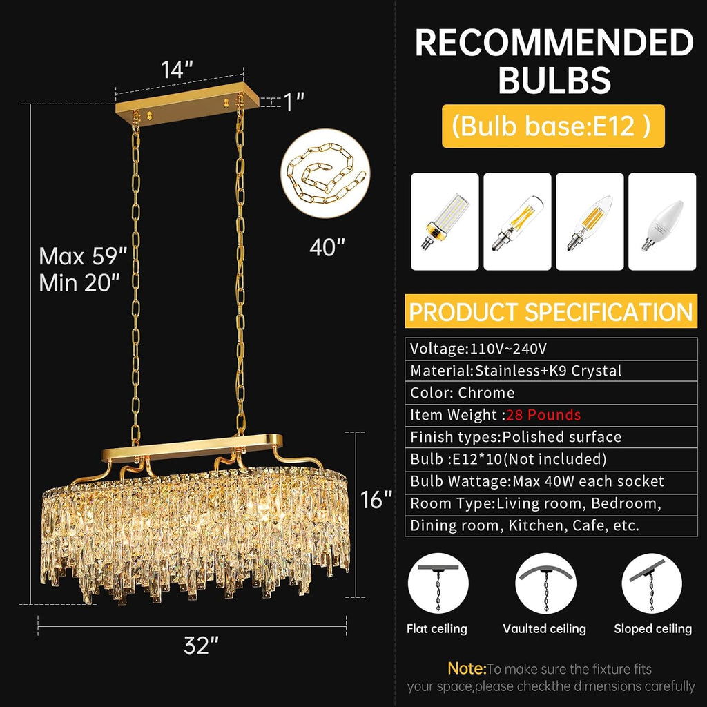 Gold Crystal Chandelier | Modern Luxury Oval-Shaped Chandeliers for Dining Room Light Fixture, 32' 10-Light Crystal Ceiling Lighting Fixture for Dining Room Kitchen Island Bar