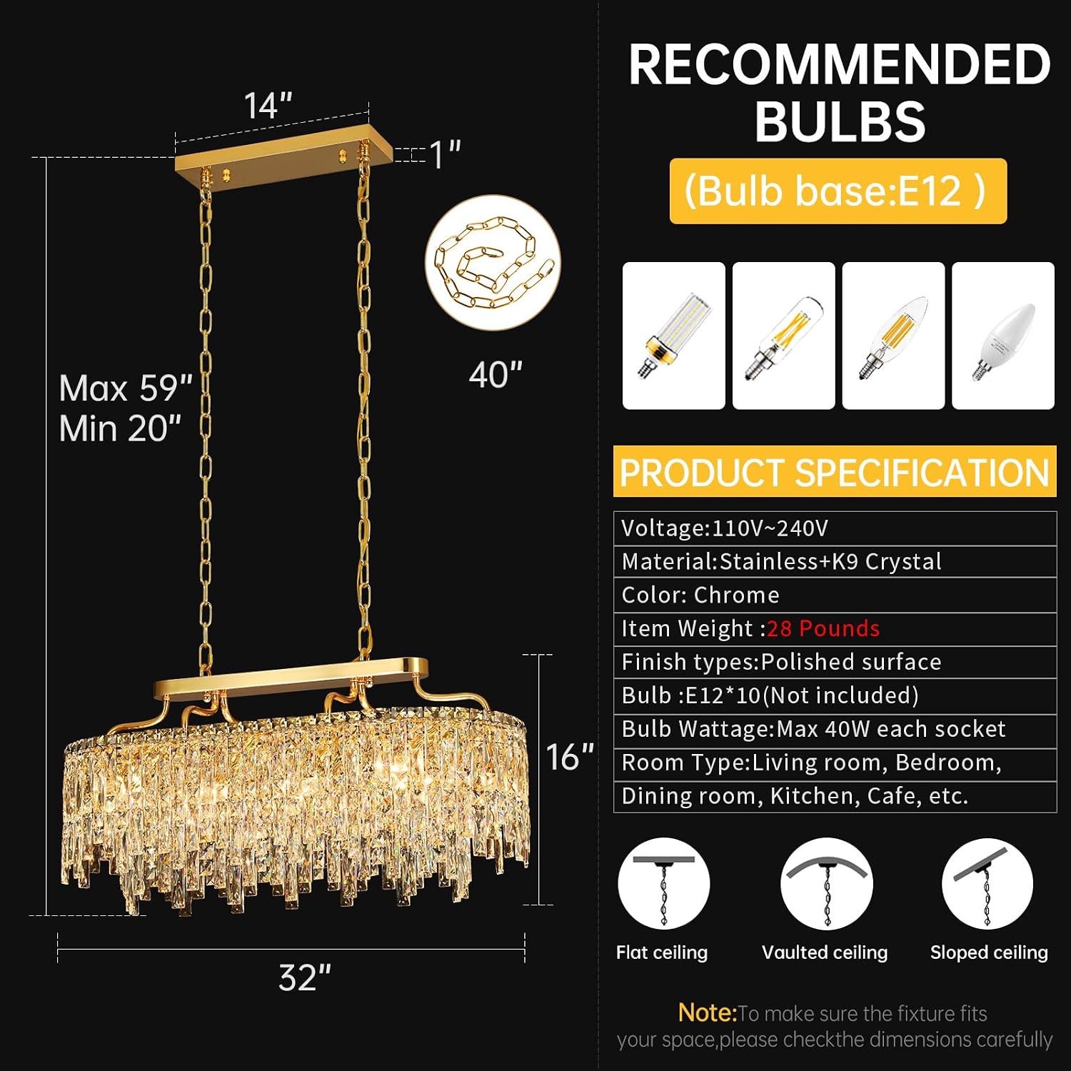 Gold Crystal Chandelier | Modern Luxury Oval-Shaped Chandeliers for Dining Room Light Fixture, 32' 10-Light Crystal Ceiling Lighting Fixture for Dining Room Kitchen Island Bar
