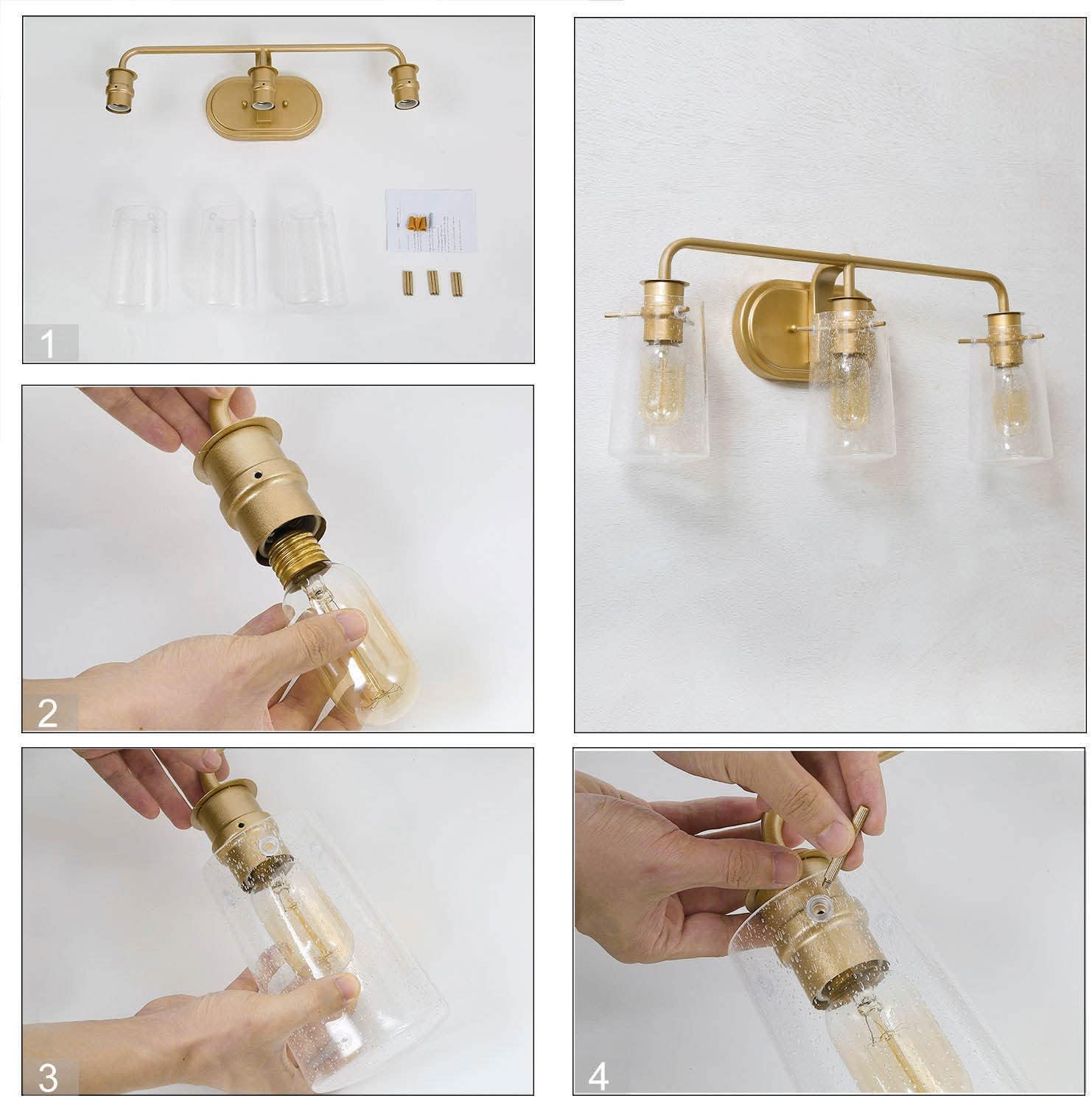 KSANA Gold Bathroom Light Fixtures, Modern Vanity Lights for Bathroom, 3-Light Bathroom Lights Over Mirror with Seeded Glass Shade and Soft Gold Finish, 22.5'' L x 5.5' W x 9'' H