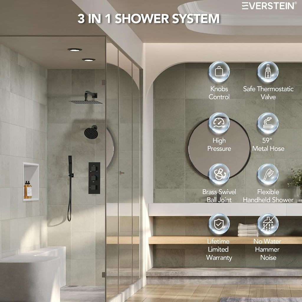 Thermostatic Shower system, 12 & 6 in. Bathroom Shower Set Wall Mount Dual Shower Head Faucet in Matte Black