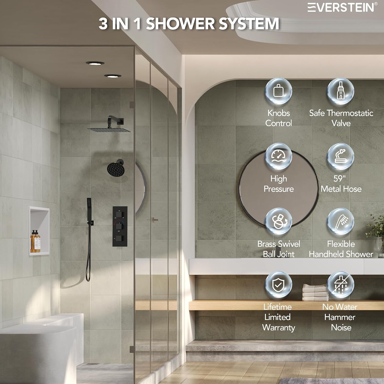 Thermostatic Shower system, 12 & 6 in. Bathroom Shower Set Wall Mount Dual Shower Head Faucet in Matte Black