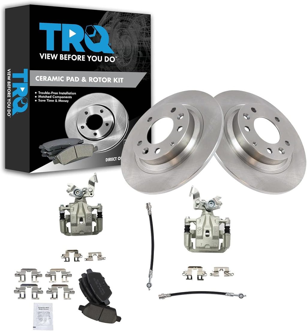 TRQ Rear Brake Pad and Rotor Set Ceramic Rotors Calipers Hoses Compatible with 2006-2009 Ford Fusion Lincoln MKZ Mercury Milan 2006-2008 Mazda 6 2006 Lincoln Zephyr