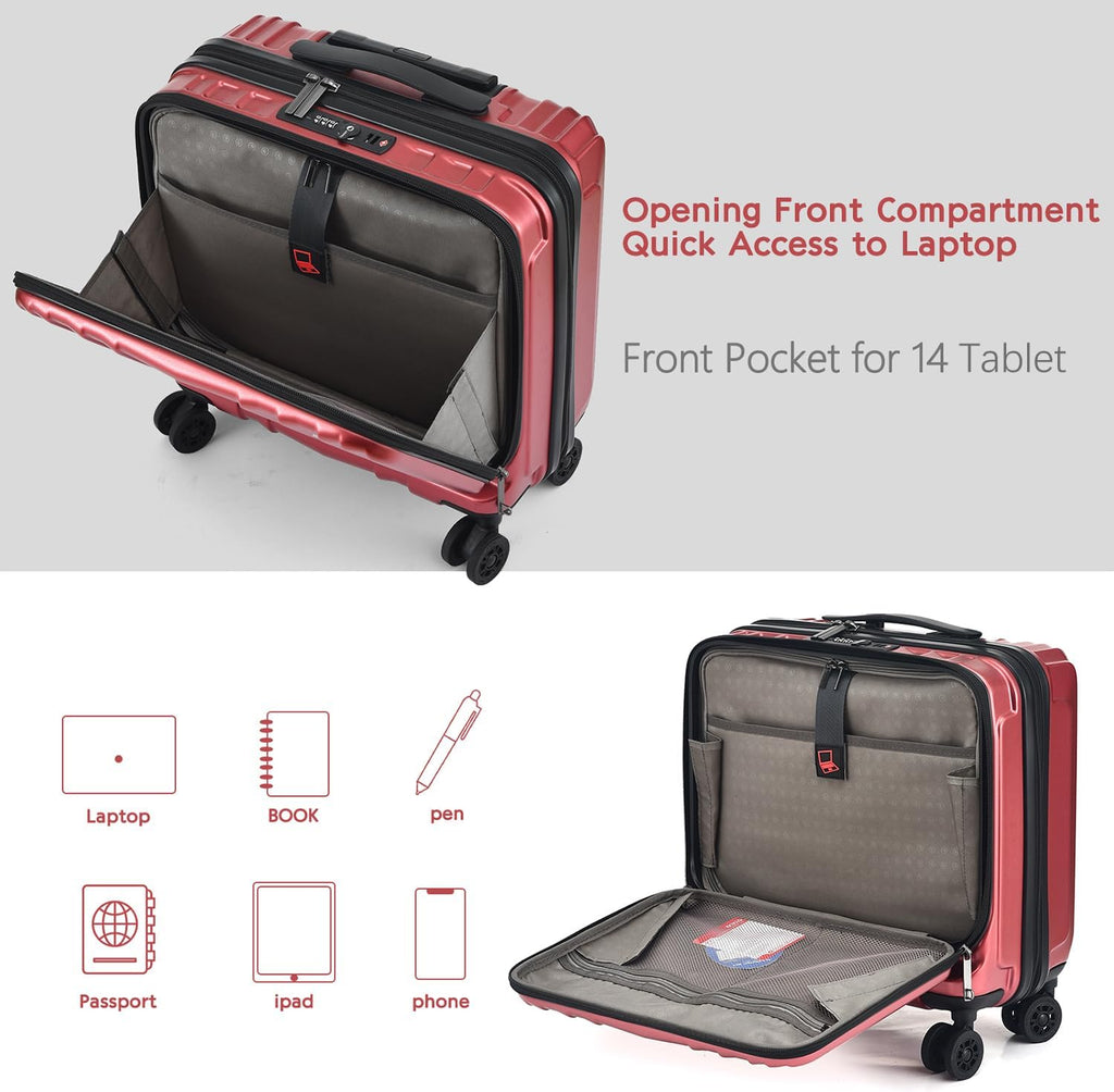 TydeCkare 16' Carry on Luggage with 2 Laptop Compartments, Lightweight Hardshell ABS+PC Suitcase with Dual Control TSA Lock, with YKK Zipper, 4 Spinner Silent Wheels, for Business Travel, Wine Red