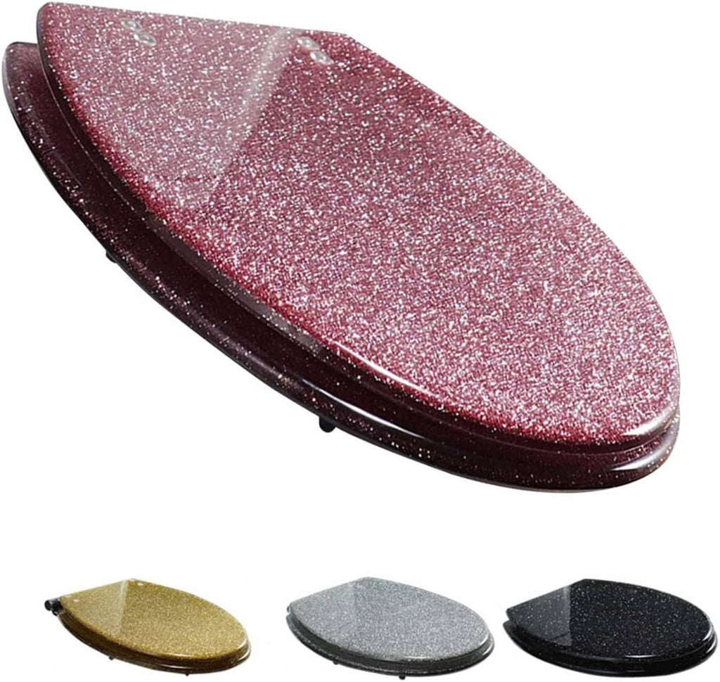 Glitter Soft Close Toilet Seat with Quick Release, 360° Adjustable Hinges, Oval Design, Easy to Install - Gold/Silver/Pink