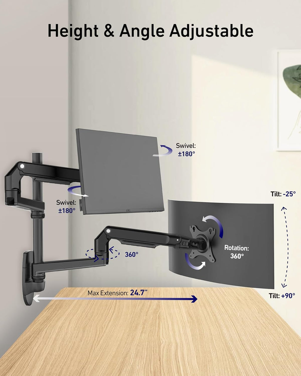Ergounion Dual Monitor Wall Mount for Flat or Curved Screens up to 38' Within 25 lbs, Adjustable Monitor Arm with Cable Management, VESA 75x75/100x100mm Monitor Mount for 2 Monitors, Black
