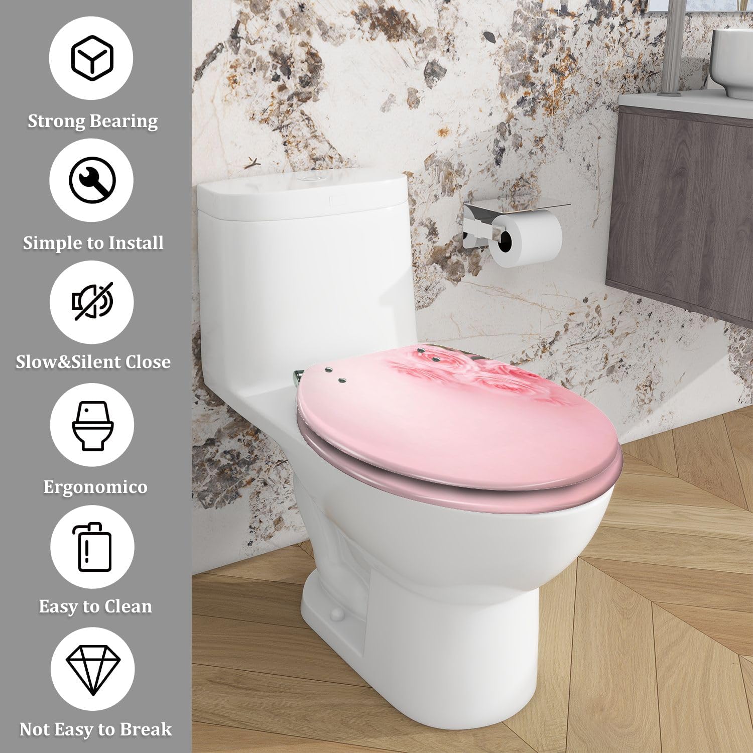 Elongated Toilet Seat Pink roses flower vintage pink for special events Art Resin Toilet Seat with Cover Easy to Install Quietly Close Quick Release Hinges Decorative