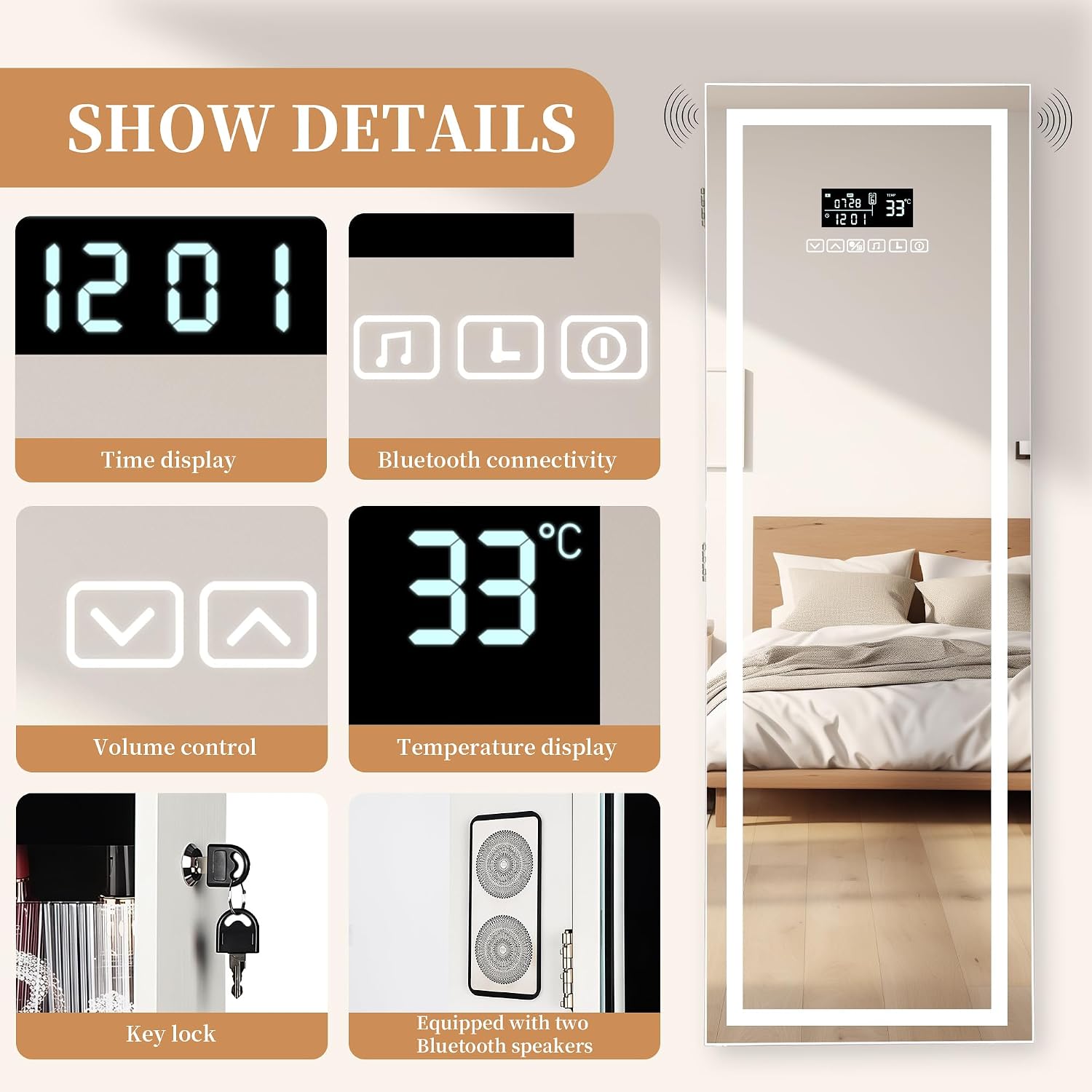 LED Mirror Jewelry Cabinet with Bluetooth Speaker, Wall/Door Mounted Jewelry Organizer Armoire, Full Length Lighted Mirror with Jewelry Storage,Jewelry Box Standing for Women