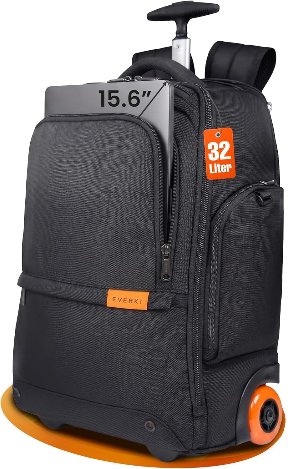EVERKI 123 Wheeled 32L Laptop Backpack - Rolling Backpack for Men & Women - Carry-On Travel Roller Backpack for Laptops - Fits 15.6 to 16 Inches with Replaceable Wheels for Business & Work - Black