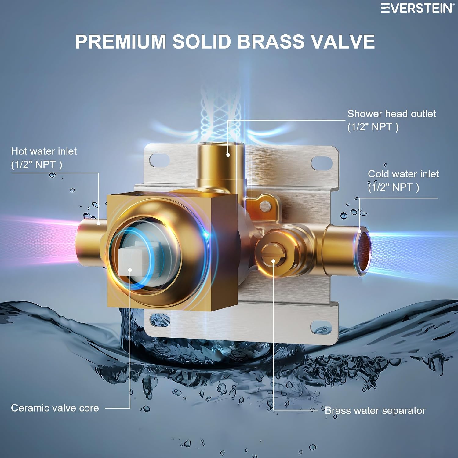 Square 6' High-Pressure Rainfall Shower Head, Wall Mount Shower Faucet with Pressure-balanced Valve, Brushed Gold
