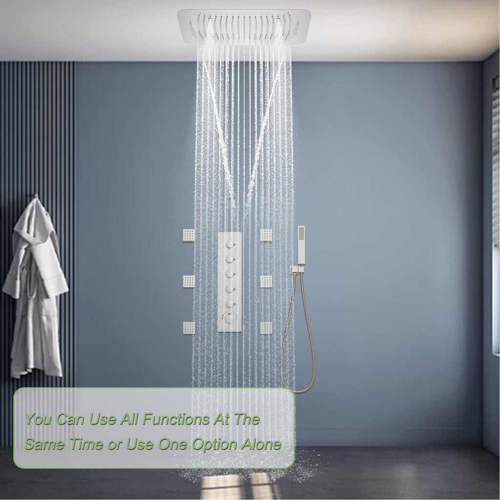 Brushed Nickel Shower Faucet Set with 16X24 Inch Ceiling Shower, with Handheld Spray and 6 PCS Body Jets, 5 Function Thermostatic Shower System