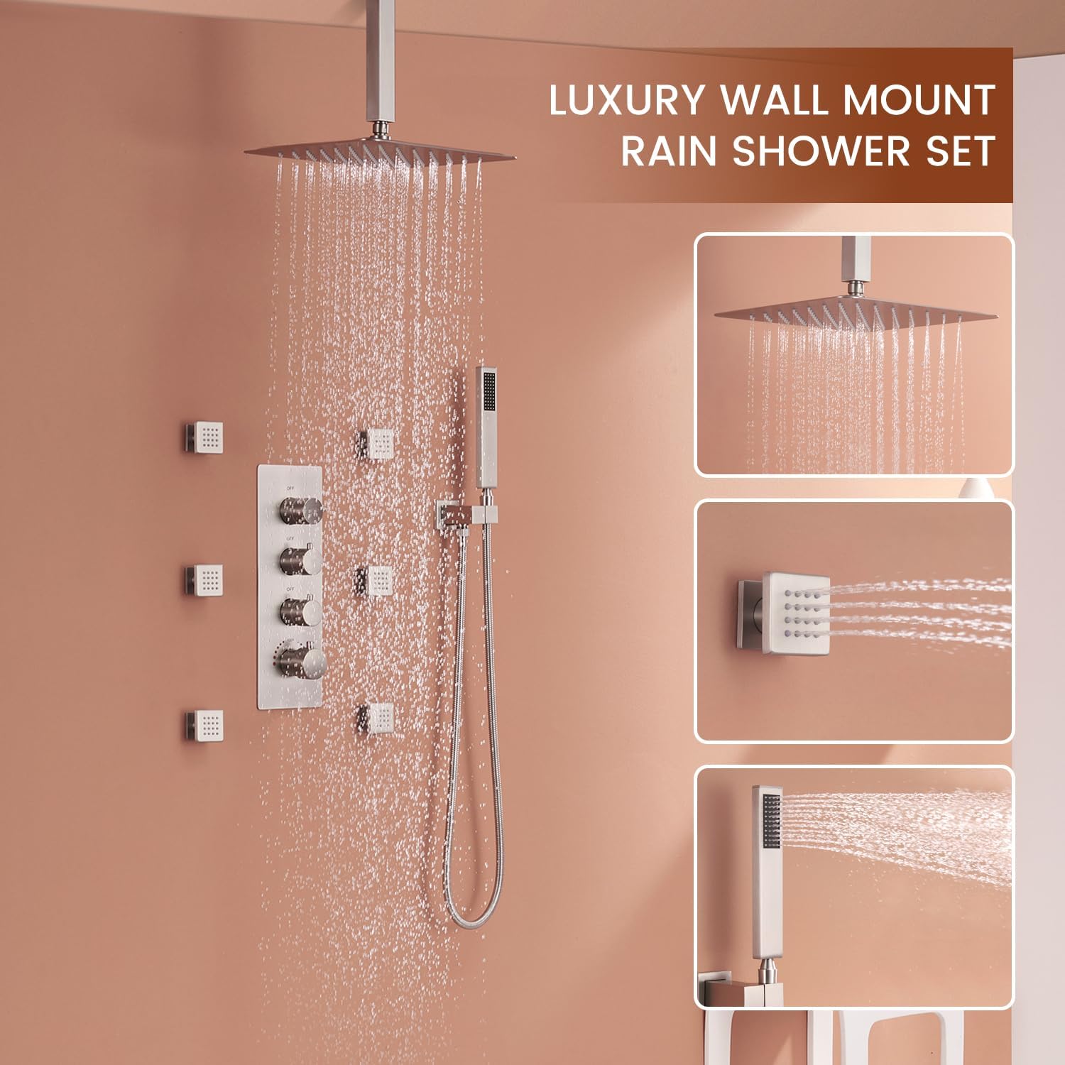 MONDAWE 12 In Thermostatic Shower System, Ceiling Mounted High Pressure Shower Head with Handheld,6 Body Jets, Bathroom Shower Faucet Set in Chrome
