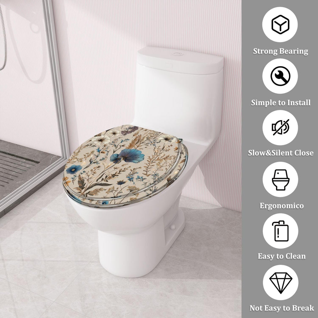 Round Toilet Seat Elegant Floral Blue White Golden Accents Butterflies Resin Toilet Seat Quietly Close Quick Release Hinges with Cover Bumpers Decorative Easy to Install Clean