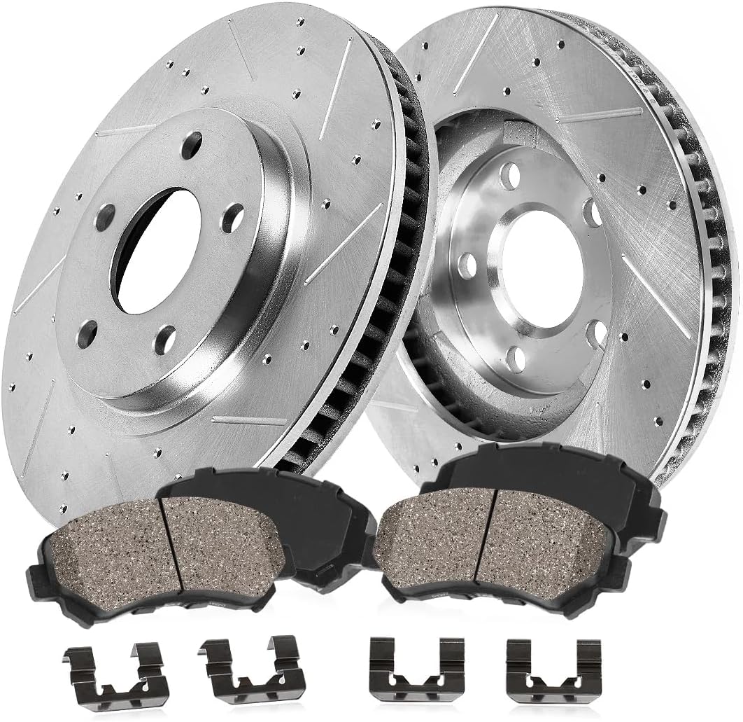 Callahan Brake Parts Front Brake Kit For Chevrolet Cobalt 2005-10 |Pontiac G5 2007-10 |Saturn Ion 2003-07 - Drilled & Slotted Disc Rotors with Ceramic Brake Pads + Hardware, EBYK014826