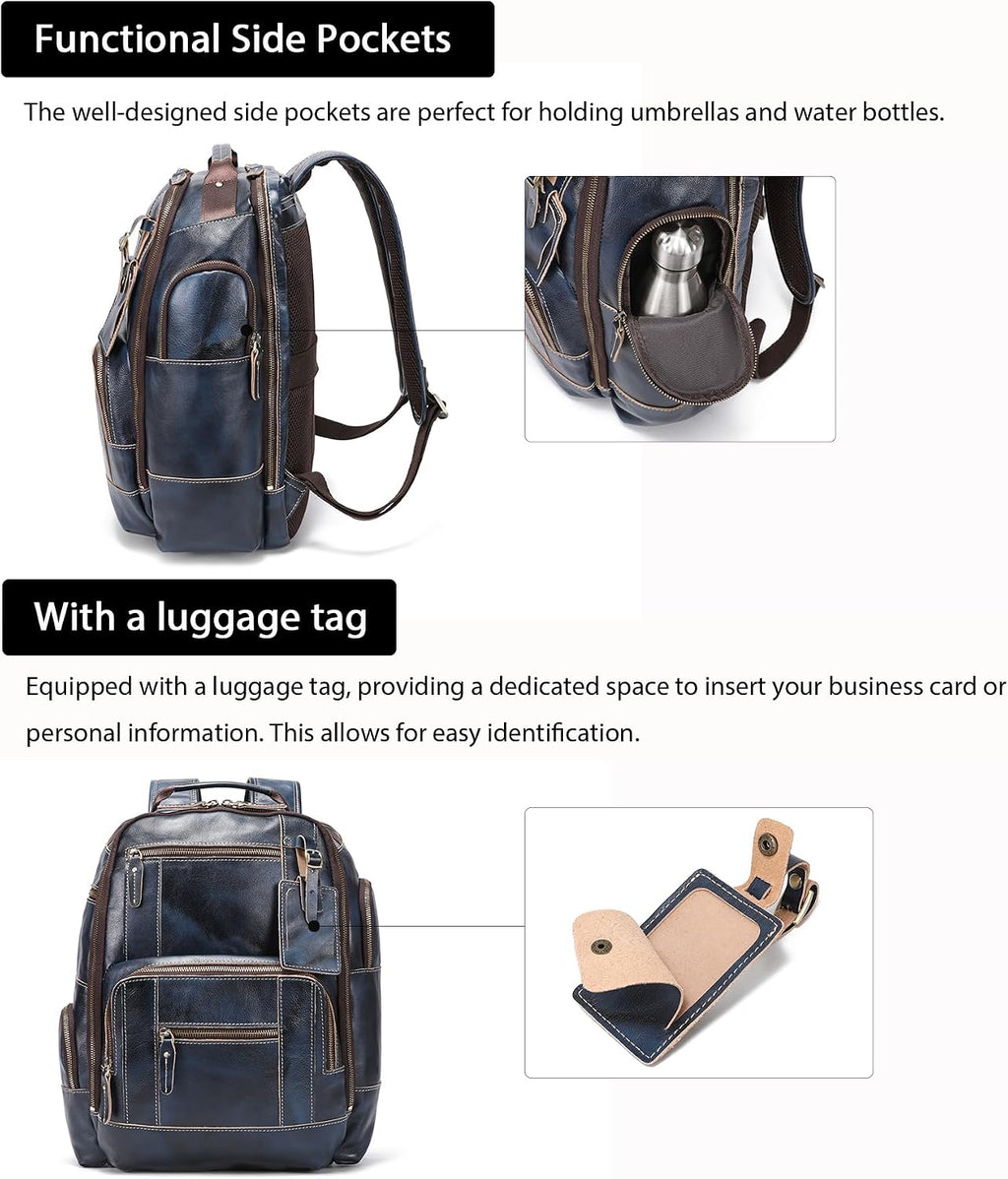 LANNSYNE Vegetable Tanned Leather Backpack for Men, 15.6' Laptop Backpack Camping Travel 24L Rucksack