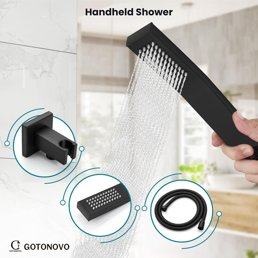 gotonovo Shower System with Tub Spout Wall Mounted Rain Shower Head and Handle Combo Shower Faucet Set with Valve, 12 Inch, Matte Black