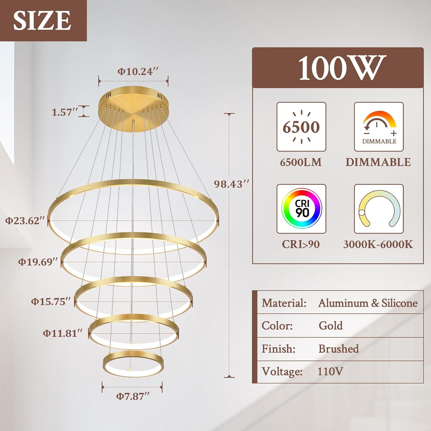 5 Ring Modern LED Chandelier Dimmable Gold High Ceiling Chandeliers for Foyer, LED Contemporary Large Pendant Lighting with Remote Control Circular for Living Room Staircase, 3000K-6500K