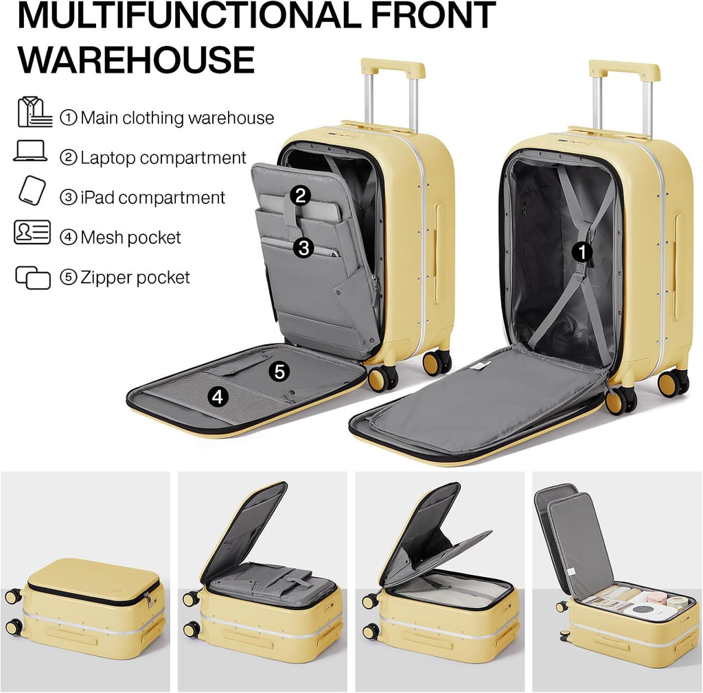 mixi Carry On Luggage, 20'' Suitcase with Front Pocket, Travel Rolling Luggage Aluminum Frame PC Hardside with Spinner Wheels & TSA Lock and Cover - Lark Yellow