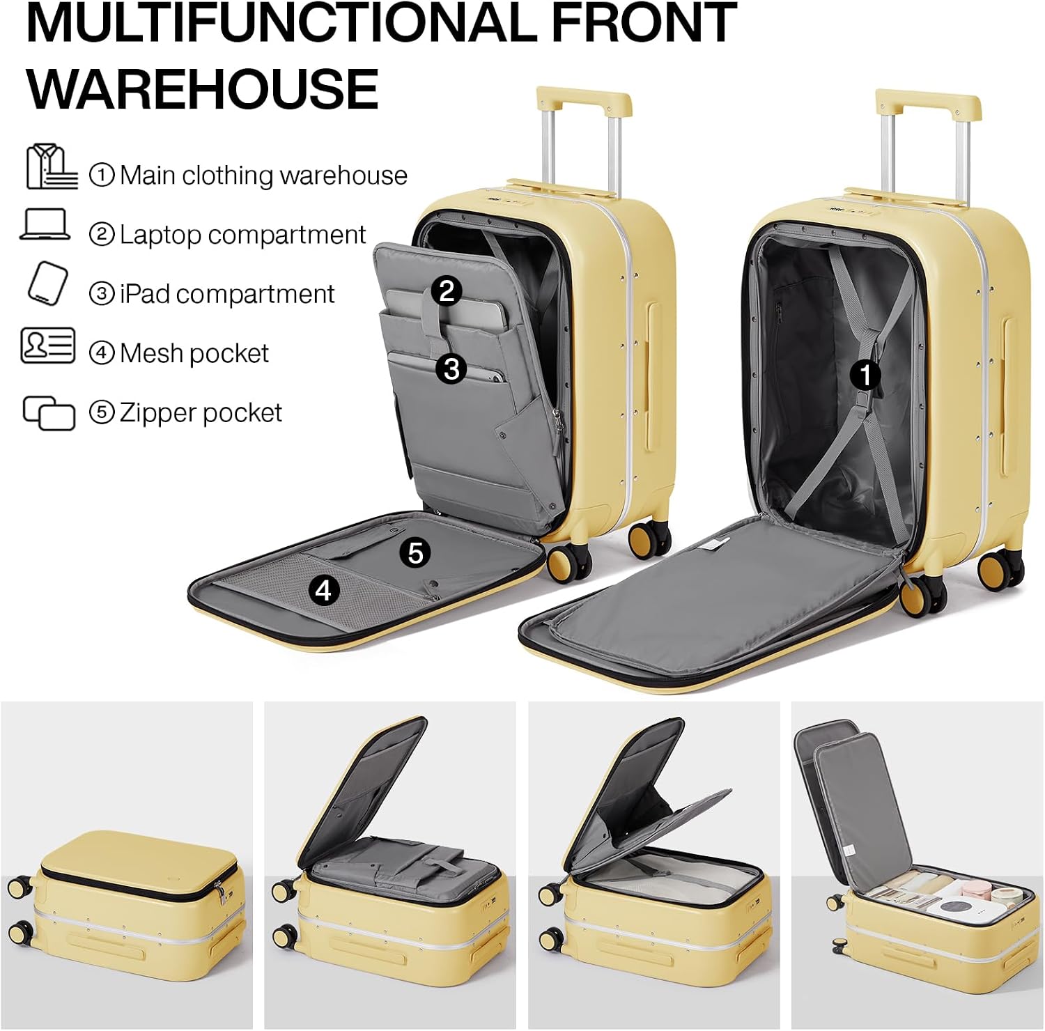 mixi Carry On Luggage, 20'' Suitcase with Front Pocket, Travel Rolling Luggage Aluminum Frame PC Hardside with Spinner Wheels & TSA Lock and Cover - Lark Yellow