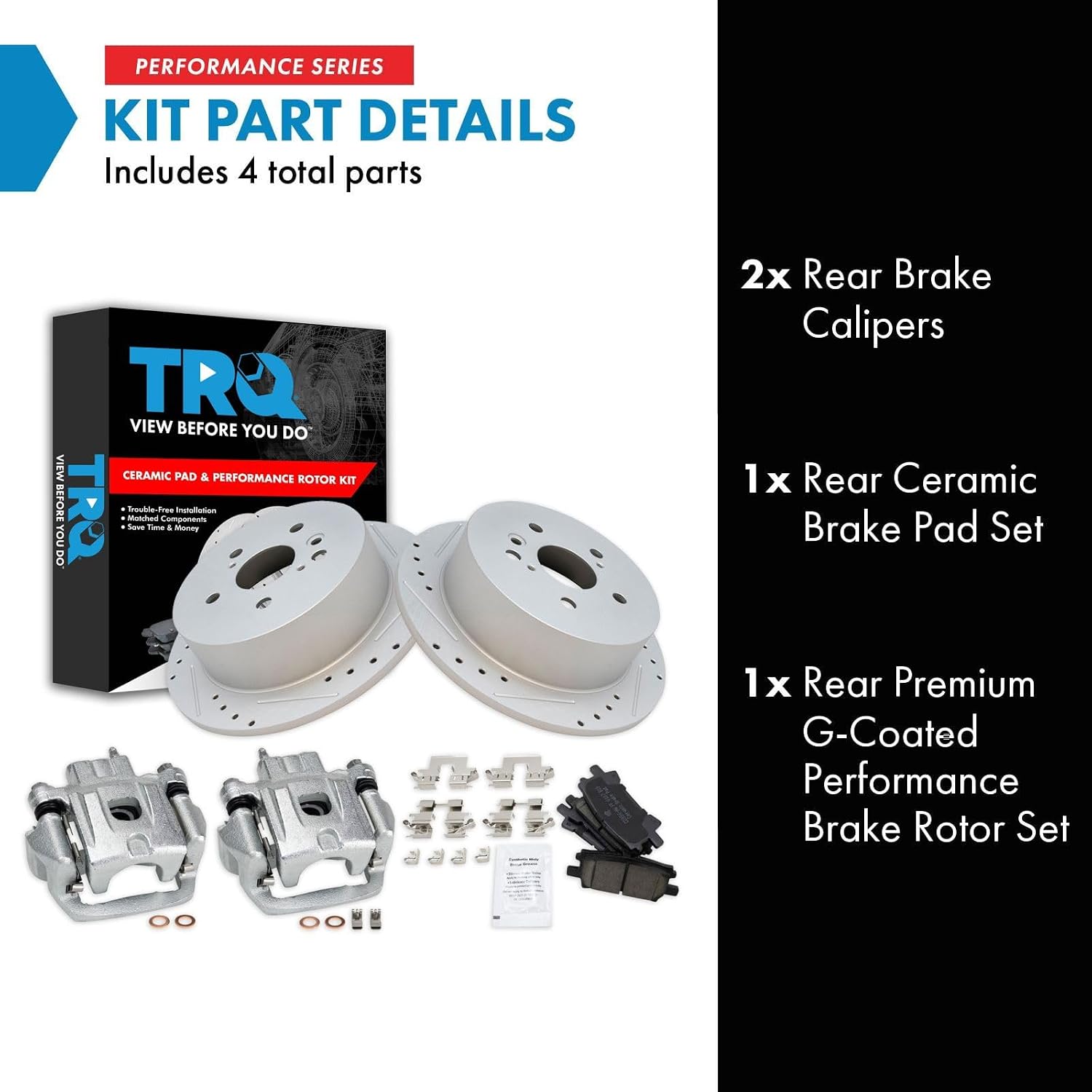 TRQ Performance Rear Brake Pad and Rotor Set Ceramic Drilled Slotted Solid Rotors Calipers Compatible with 2004-2006 Lexus RX330 2006-2009 RX350 2006-2008 RX400h 2006-2007 Toyota Highlander