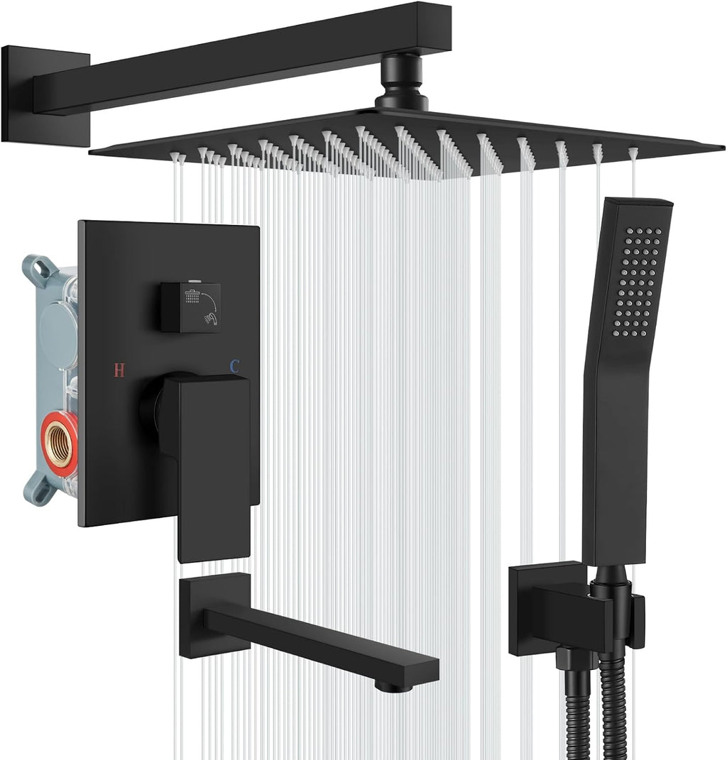gotonovo Shower System with Tub Spout Wall Mounted Rain Shower Head and Handle Combo Shower Faucet Set with Valve, 12 Inch, Matte Black