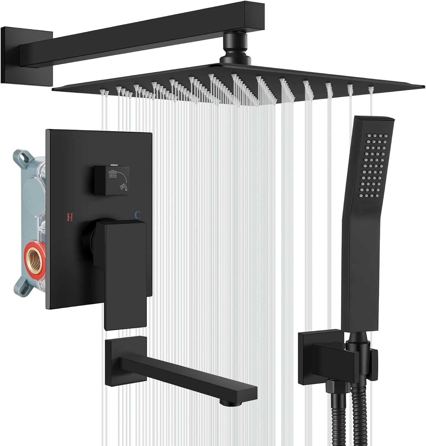 gotonovo Shower System with Tub Spout Wall Mounted Rain Shower Head and Handle Combo Shower Faucet Set with Valve, 12 Inch, Matte Black